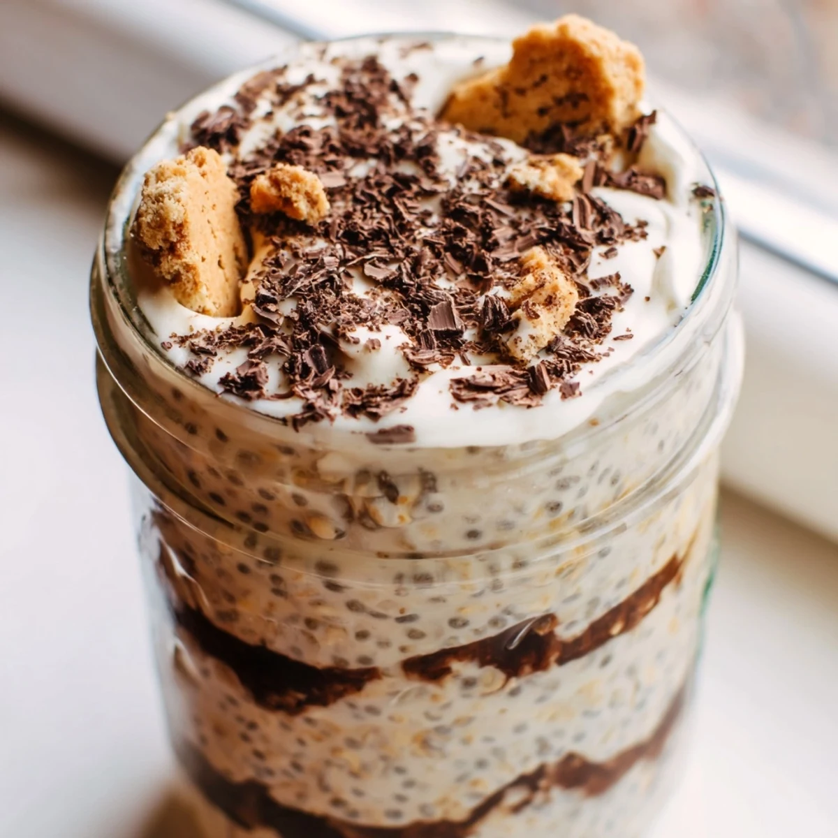 Tiramisu overnight oats in glass jars featuring rich coffee-soaked oats and chocolate shavings