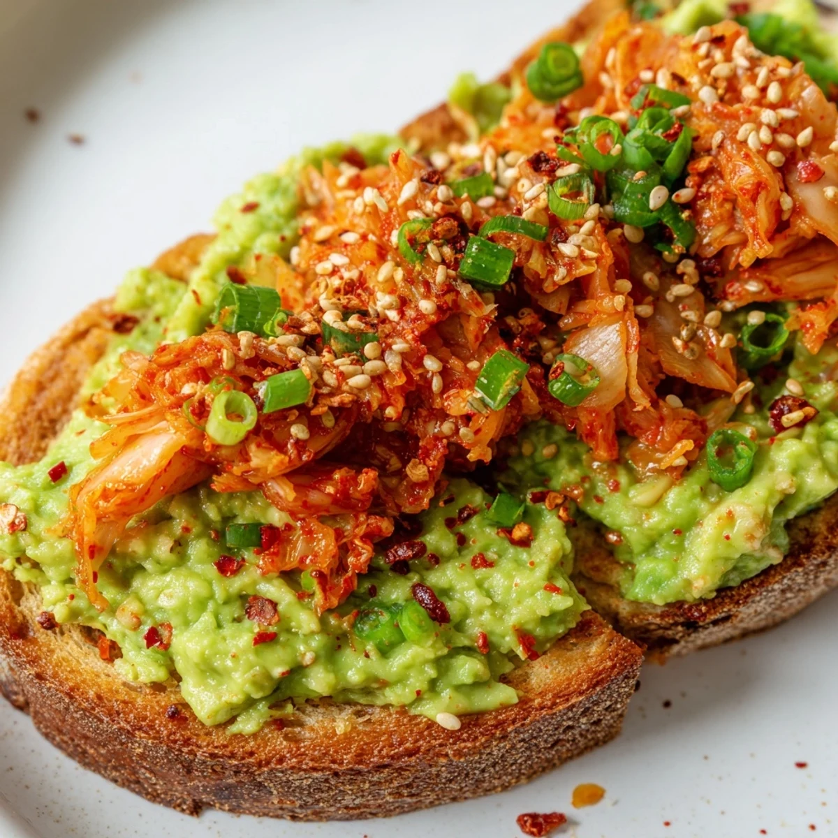 Crispy sourdough topped with bright green mashed avocado and fiery red kimchi chunks