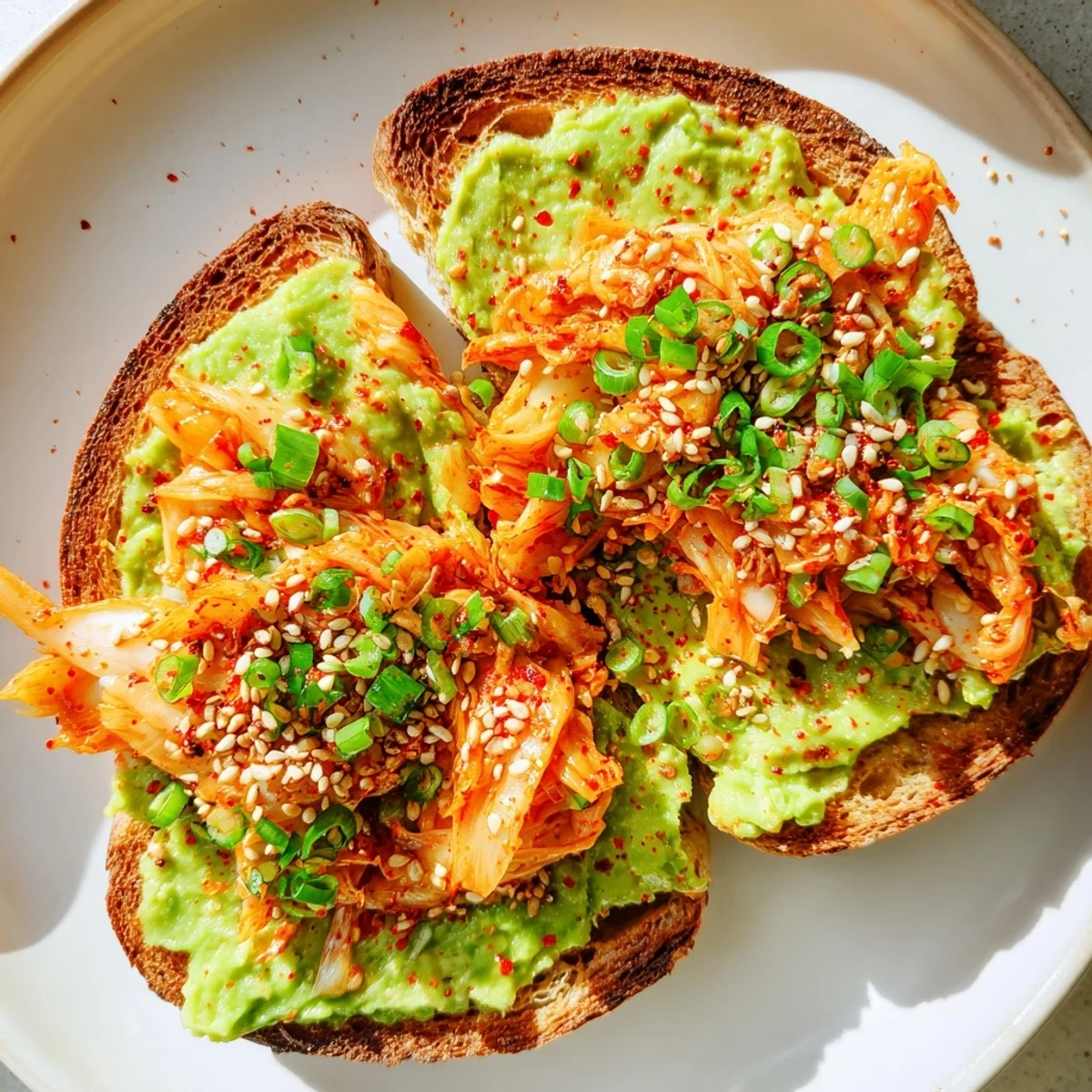 Creamy avocado spread on golden toast piled with spicy tangy kimchi and sesame seeds