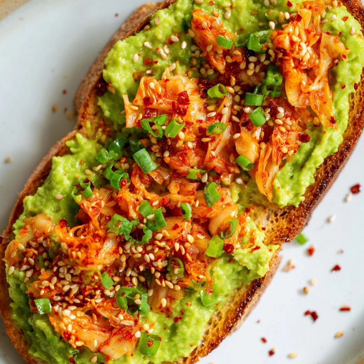 Golden brown bread layered with smooth lime avocado mash crowned with vibrant ruby kimchi