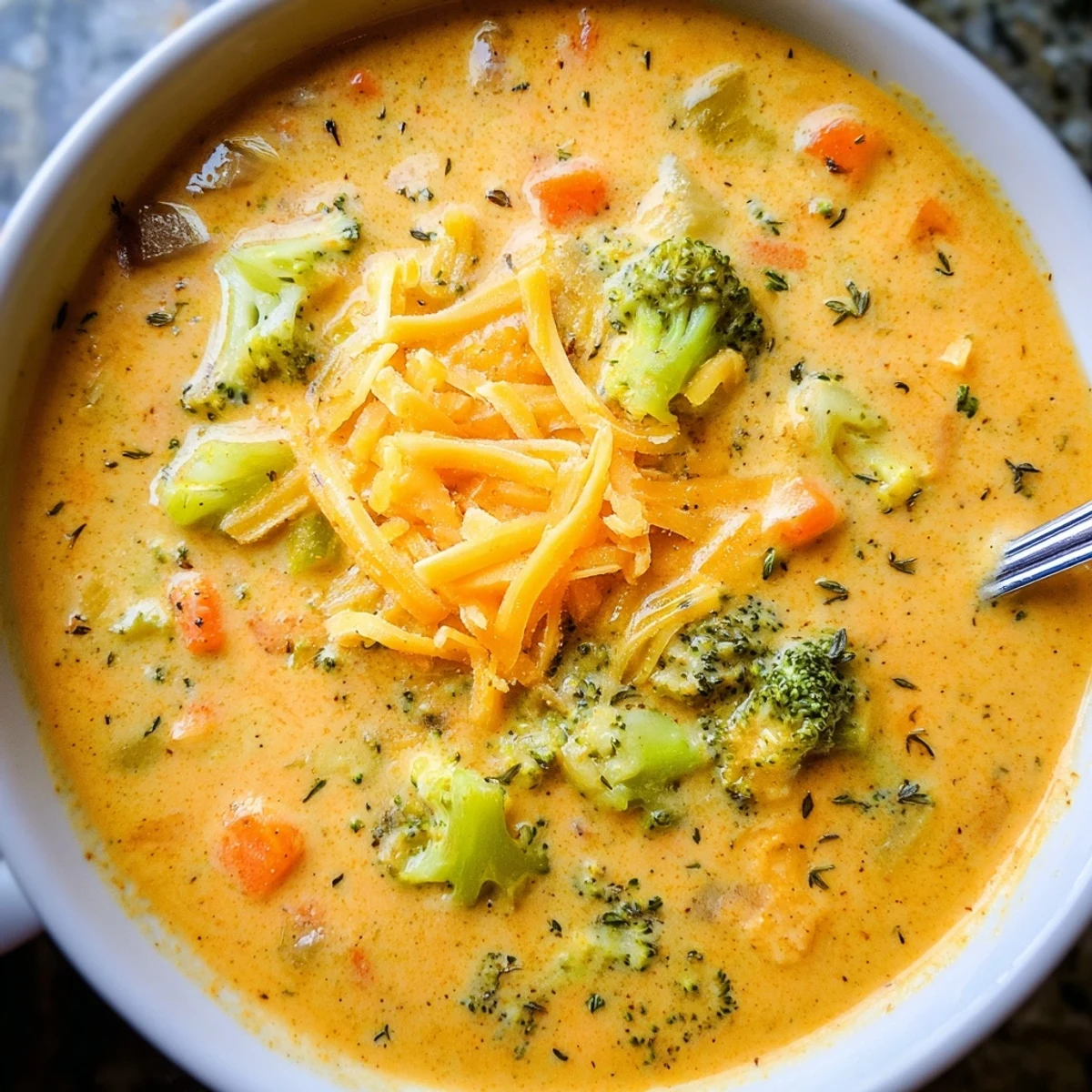 Creamy slow cooker broccoli cheese soup topped with melted cheddar and croutons