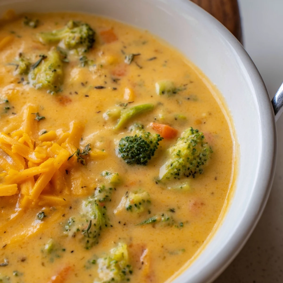 A warm bowl of slow cooker broccoli cheese soup with crusty bread for dipping