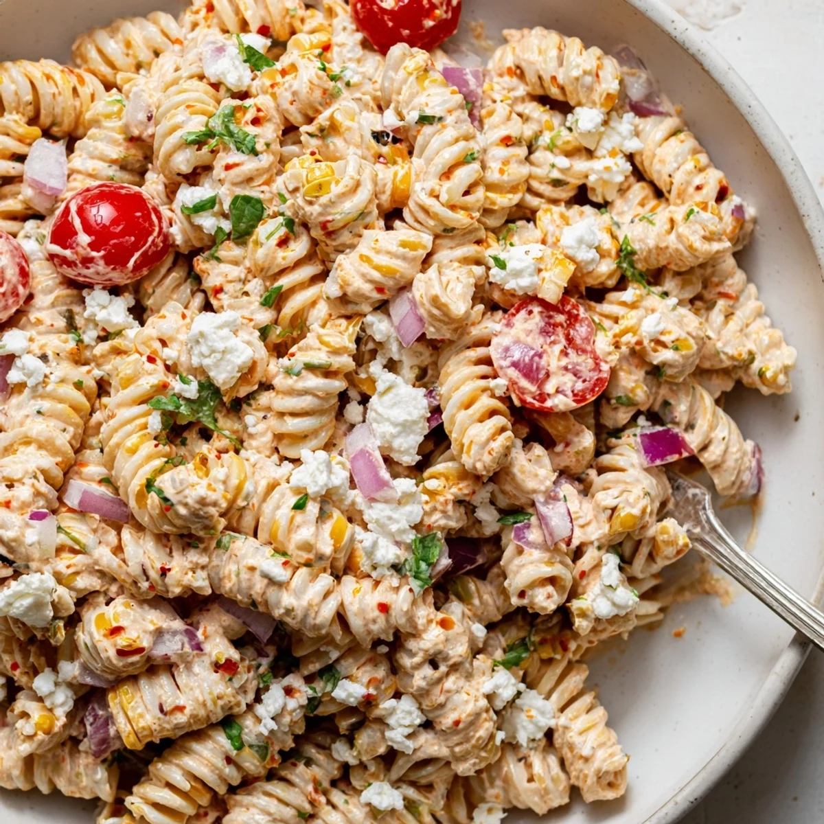 Creamy Elote Street Corn Pasta Salad topped with crumbled cotija cheese and fresh lime wedges