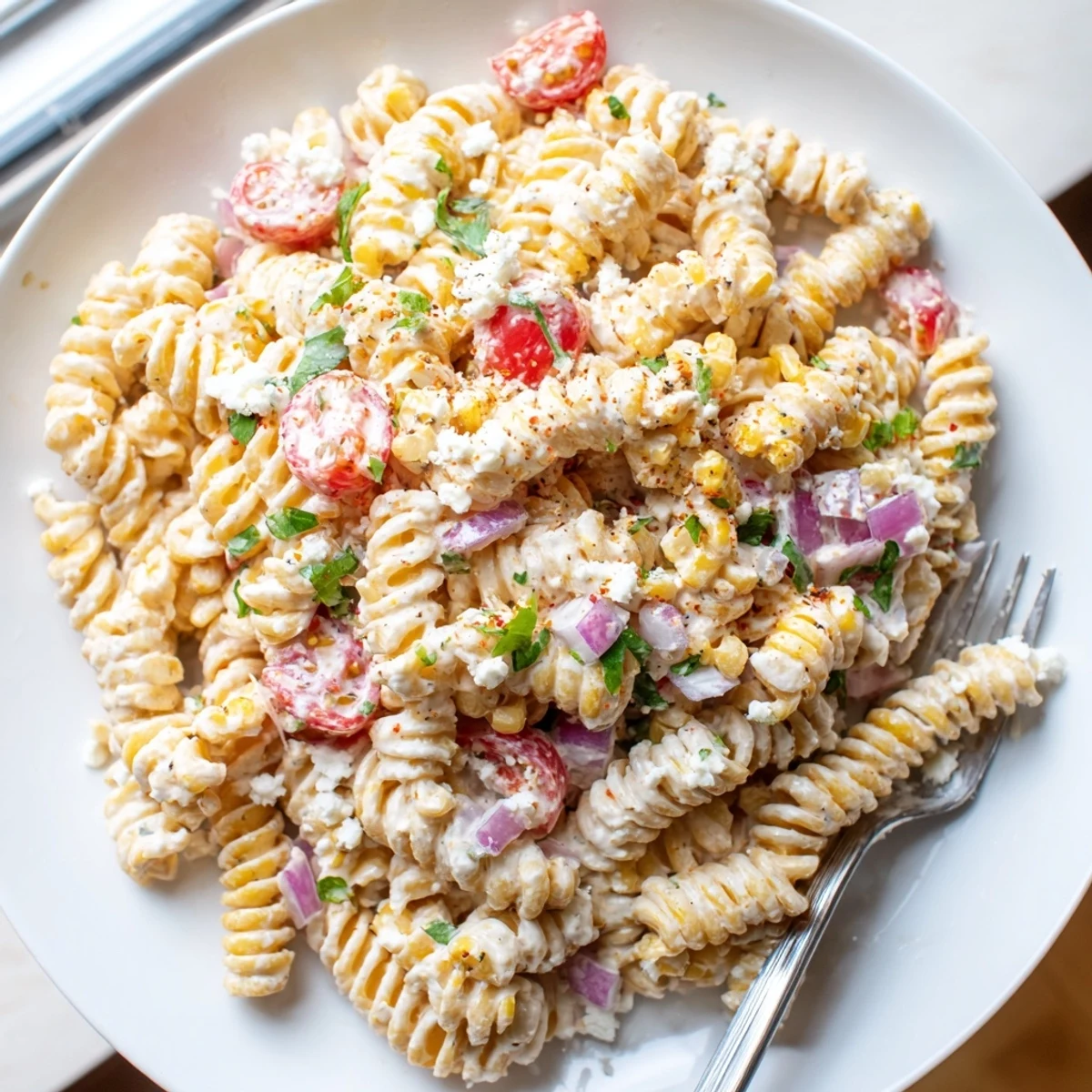Smoky grilled corn and vibrant tomatoes fill this colorful Elote Street Corn Pasta Salad bowl