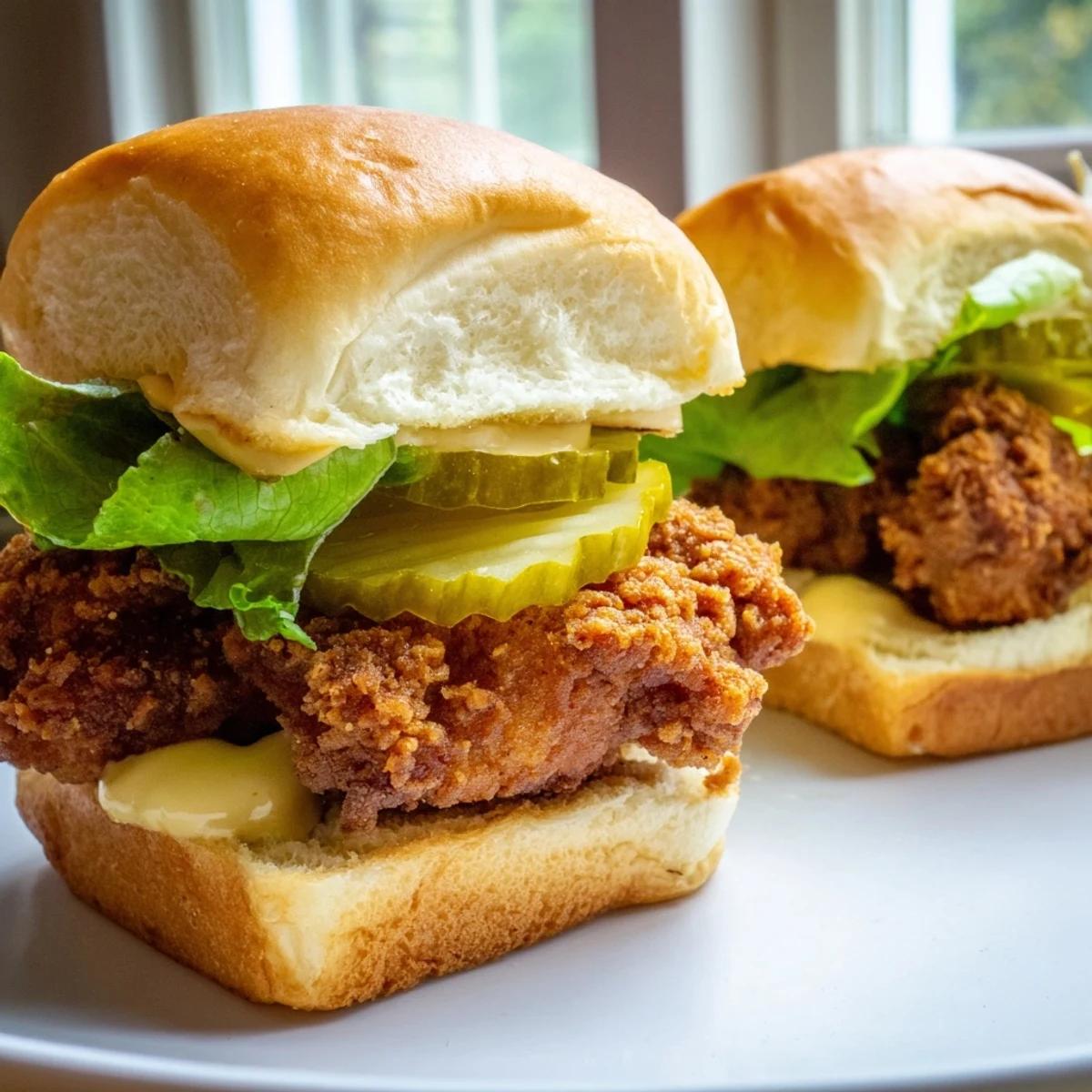 Golden crispy pickle brined fried chicken sliders stacked on soft buns with pickles and lettuce