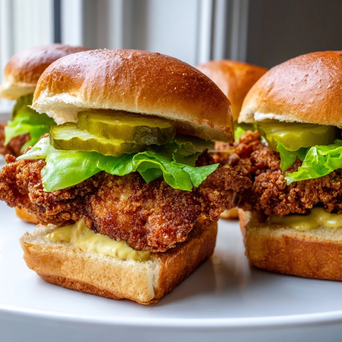 Crispy pickle brined fried chicken sliders served on toasted buns with creamy mustard sauce