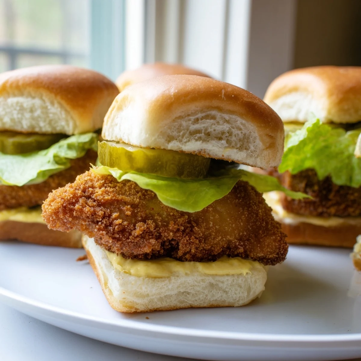 Juicy pickle brined fried chicken sliders topped with dill pickles on pillowy slider buns
