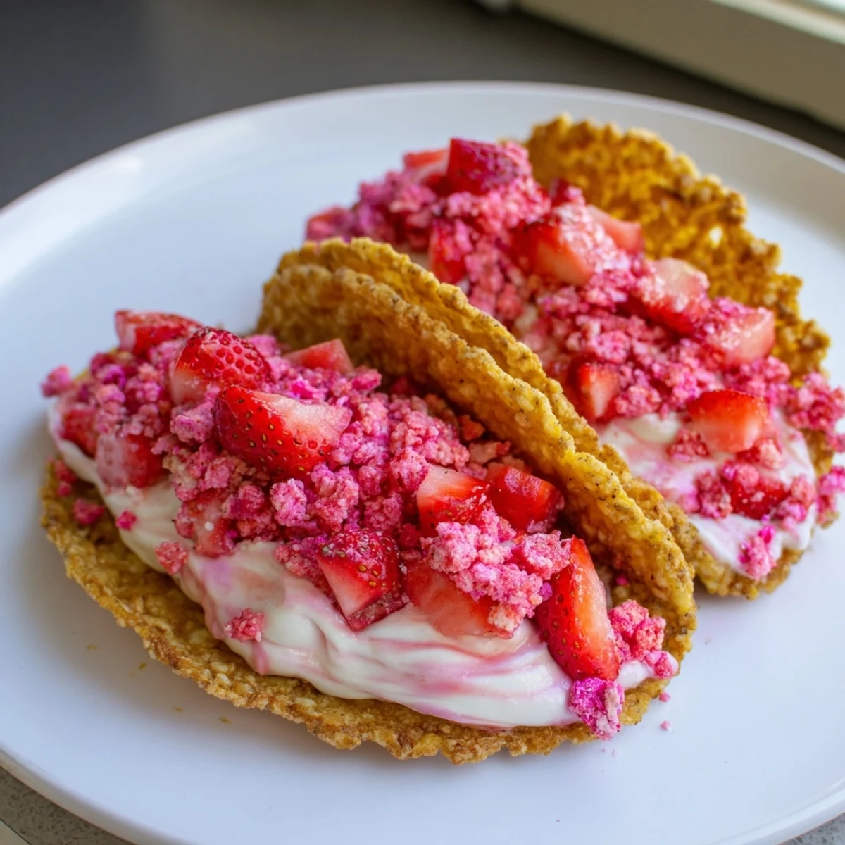 Crispy cinnamon sugar taco shells filled with creamy strawberry crunch cheesecake tacos topped with diced berries