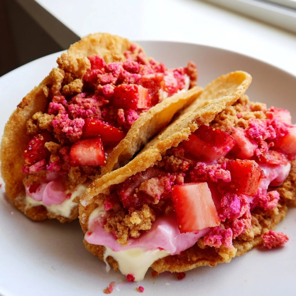 Golden baked tortilla shells overflowing with fluffy cheesecake filling and crunchy strawberry crumble in these strawberry crunch cheesecake tacos