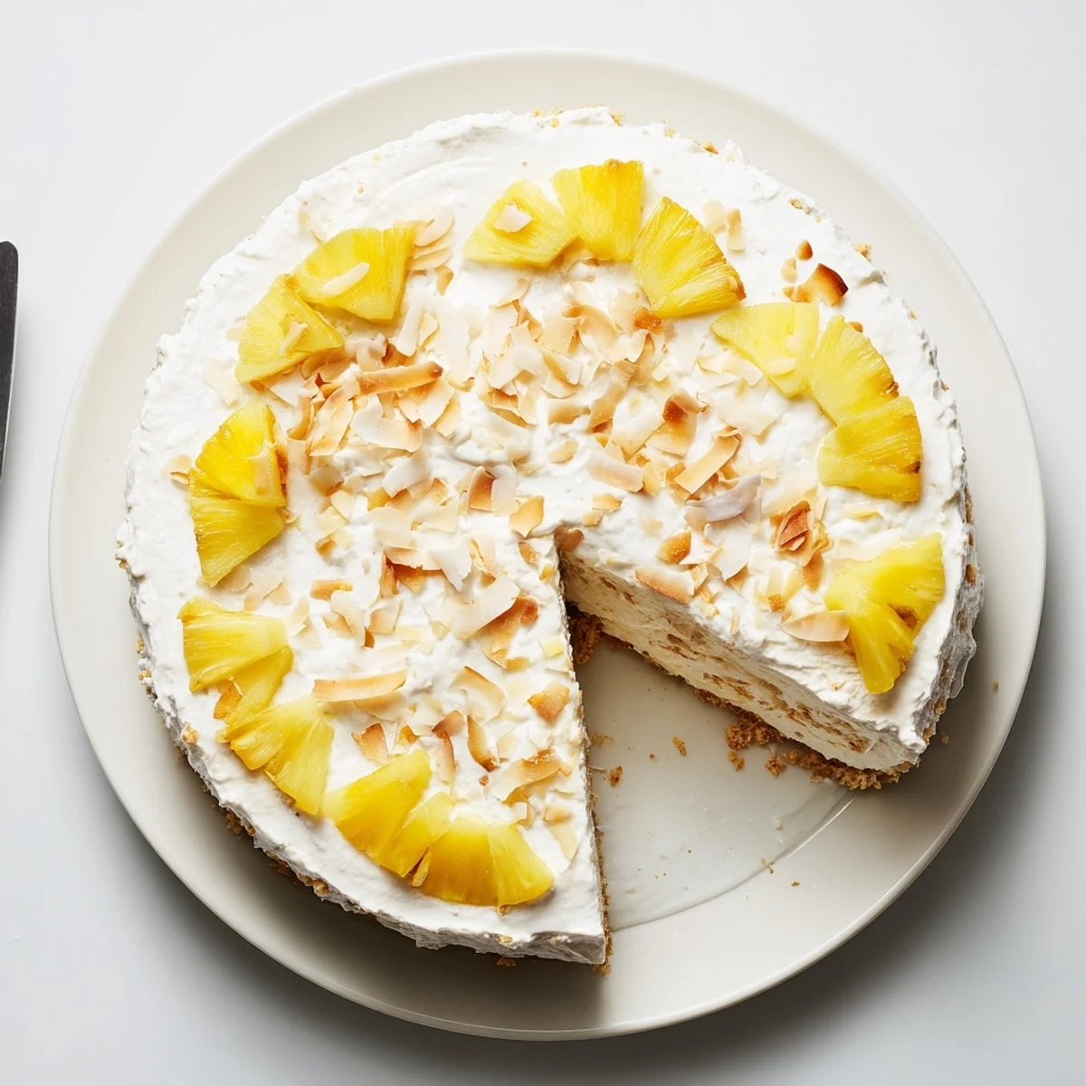 Creamy No Bake Pineapple Coconut Cream Cake sliced and topped with golden toasted coconut flakes