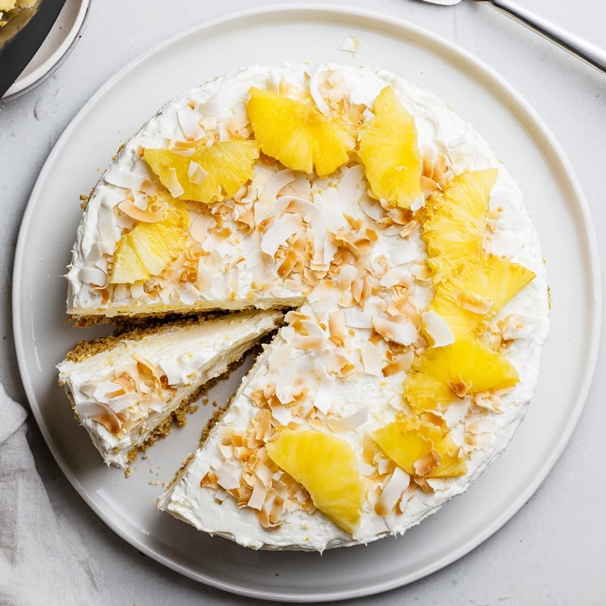 Chilled No Bake Pineapple Coconut Cream Cake garnished with juicy pineapple chunks and shredded coconut