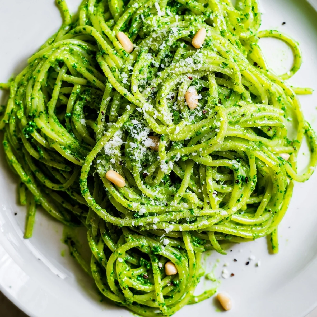 A steaming bowl of wild garlic pesto pasta coated in bright green sauce with grated Parmesan on top