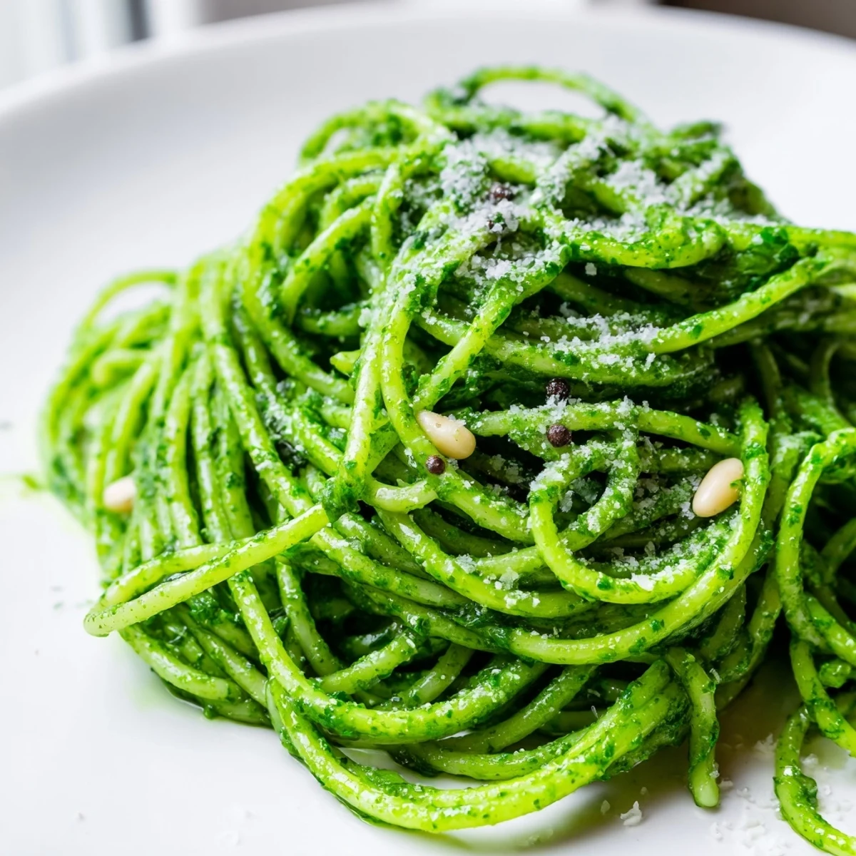 Creamy wild garlic pesto pasta served in a white bowl finished with cracked black pepper and fresh leaves