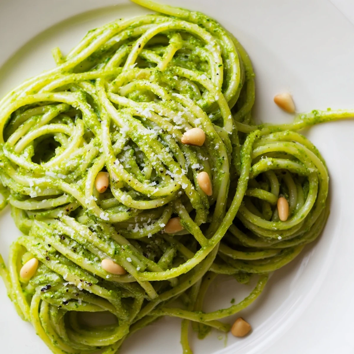 Wild garlic pesto pasta twirled on a fork glistening with fragrant herb oil and toasted pine nuts