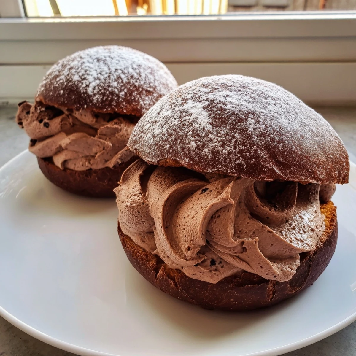 Soft Italian chocolate maritozzi buns split open with pillowy dark chocolate whipped cream
