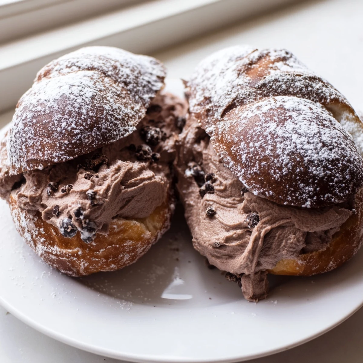 Golden brown Italian chocolate maritozzi fresh from the oven on parchment paper