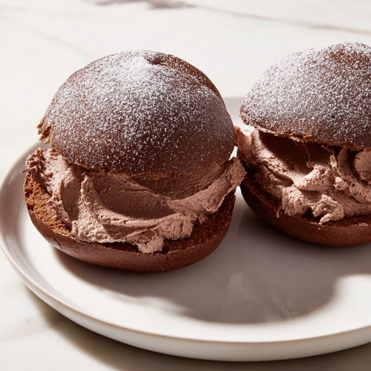 Creamy chocolate whipped cream spilling from freshly baked Italian chocolate maritozzi on a wire rack