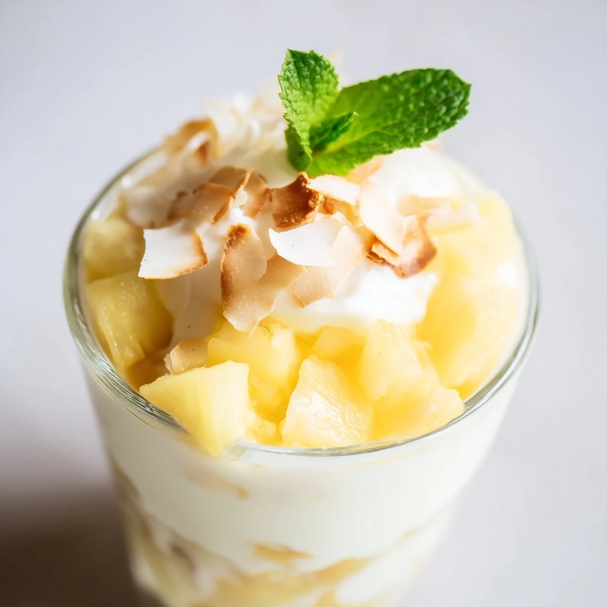 Mini pineapple condensed coconut milk desserts in clear cups topped with toasted coconut flakes