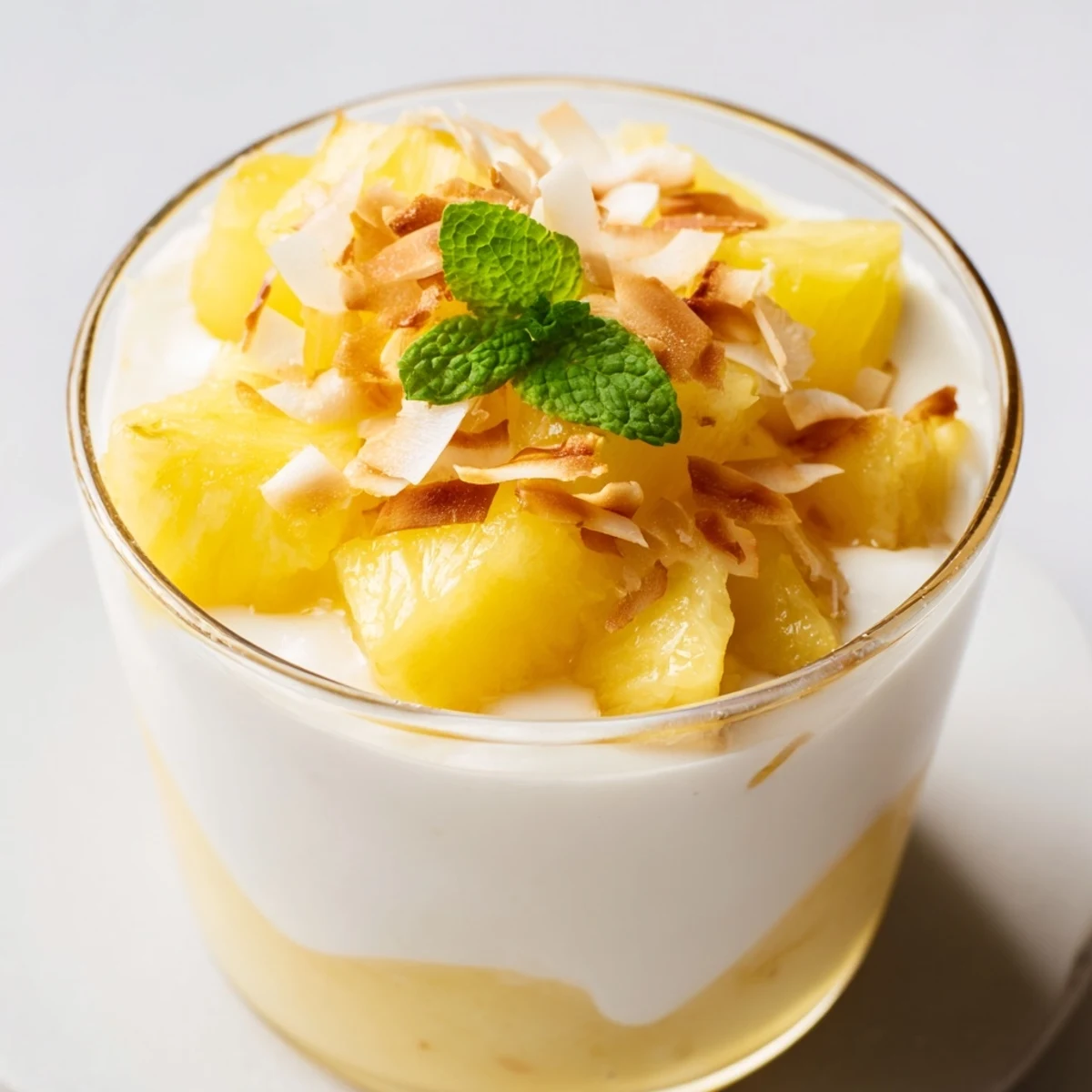 Tropical mini pineapple condensed coconut milk parfaits layered with juicy golden fruit and cream