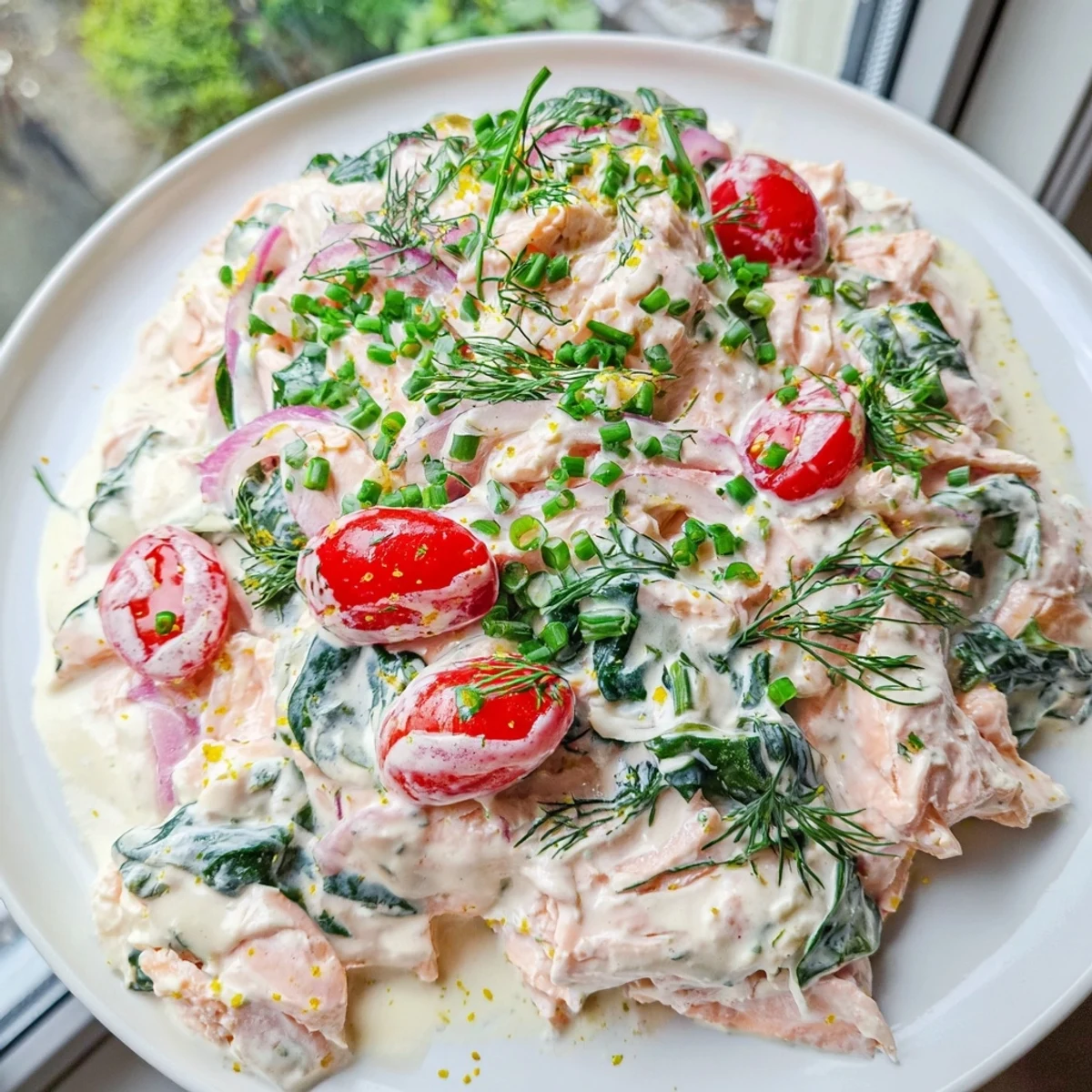 Creamy leftover salmon recipe served in a golden skillet with bright cherry tomatoes and fresh dill