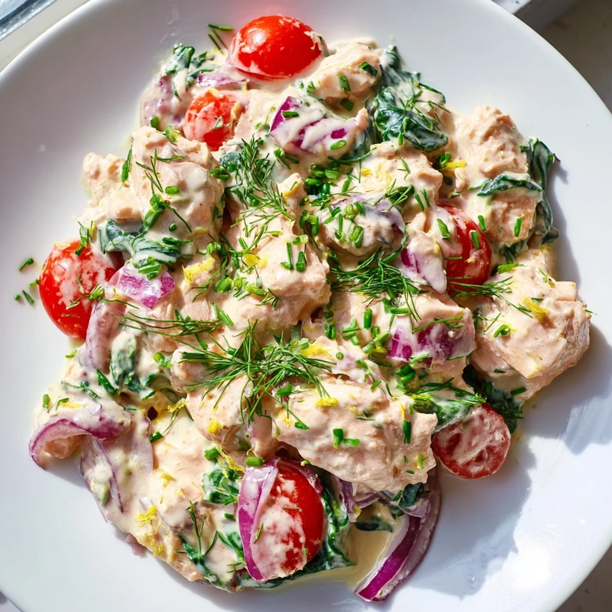 Creamy leftover salmon recipe spooned into bowls topped with chopped chives and wilted spinach