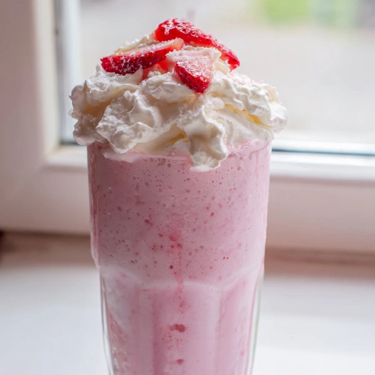 Creamy strawberry milkshake topped with whipped cream in a chilled glass