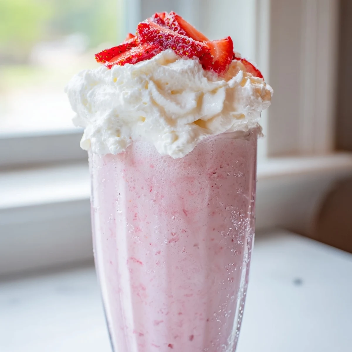 Pink strawberry milkshake garnished with fresh strawberry slices and fluffy whipped cream