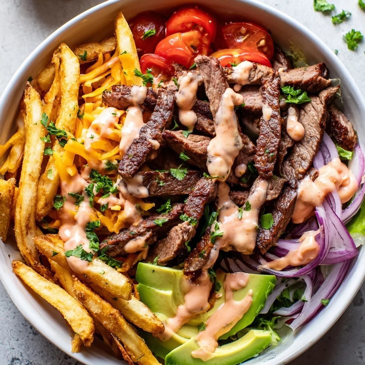 Juicy seared steak strips nestled over oven-crisp fries with fresh vegetables and zesty sauce