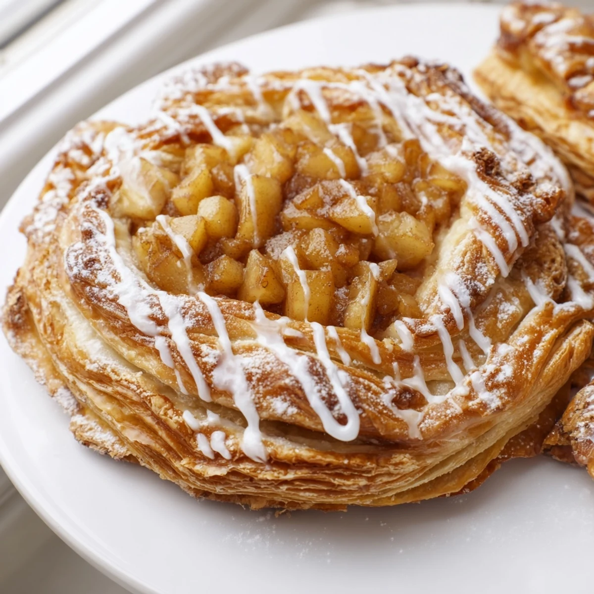 Golden Apple Cheese Danishes with creamy sweet cheese filling on flaky buttery puff pastry