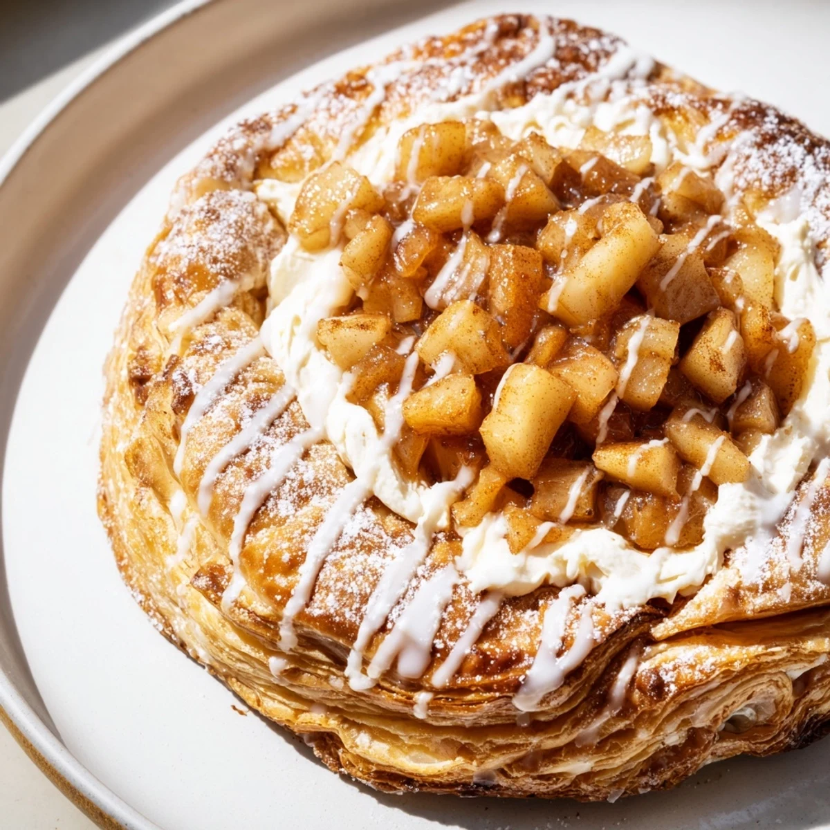 Warm apple cheese danishes topped with cinnamon spiced apples and sweet vanilla drizzle