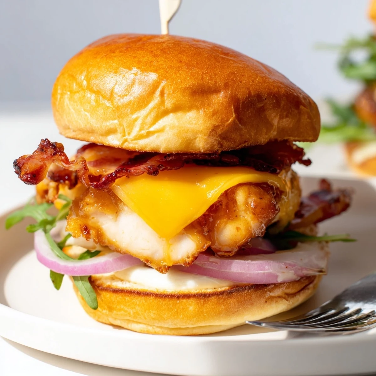 Golden maple chicken bacon sliders stacked on toasted buns with melted cheddar and fresh arugula