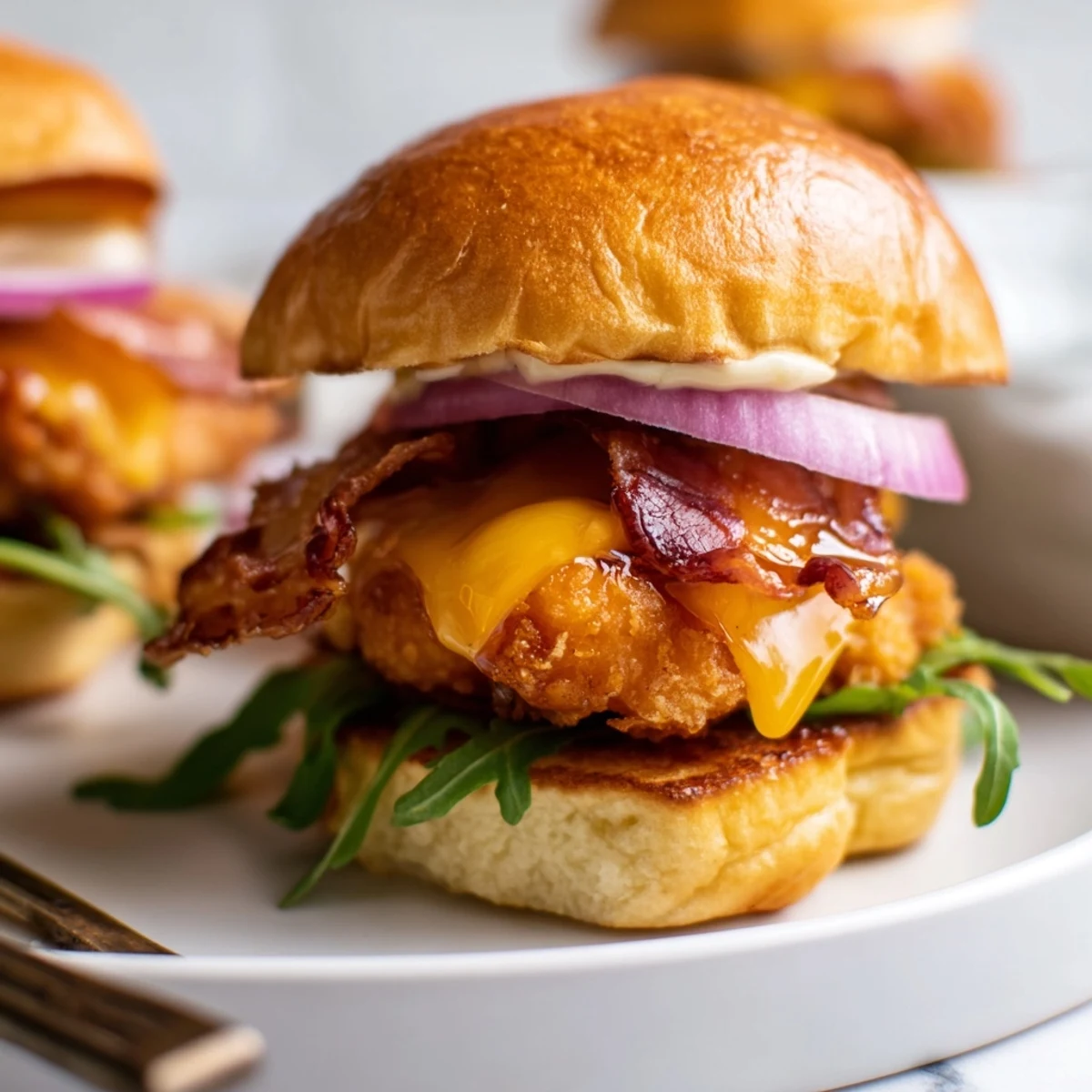 Maple chicken bacon sliders topped with crunchy greens, caramelized onion, and a sweet sticky glaze
