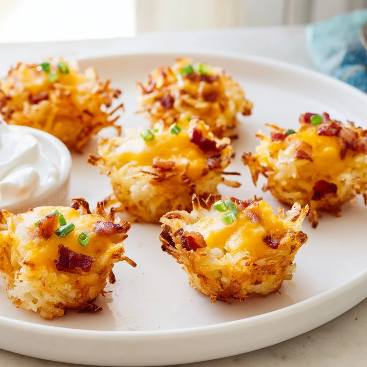 Crispy hashbrown bites oozing with melted cheddar and topped with green onions