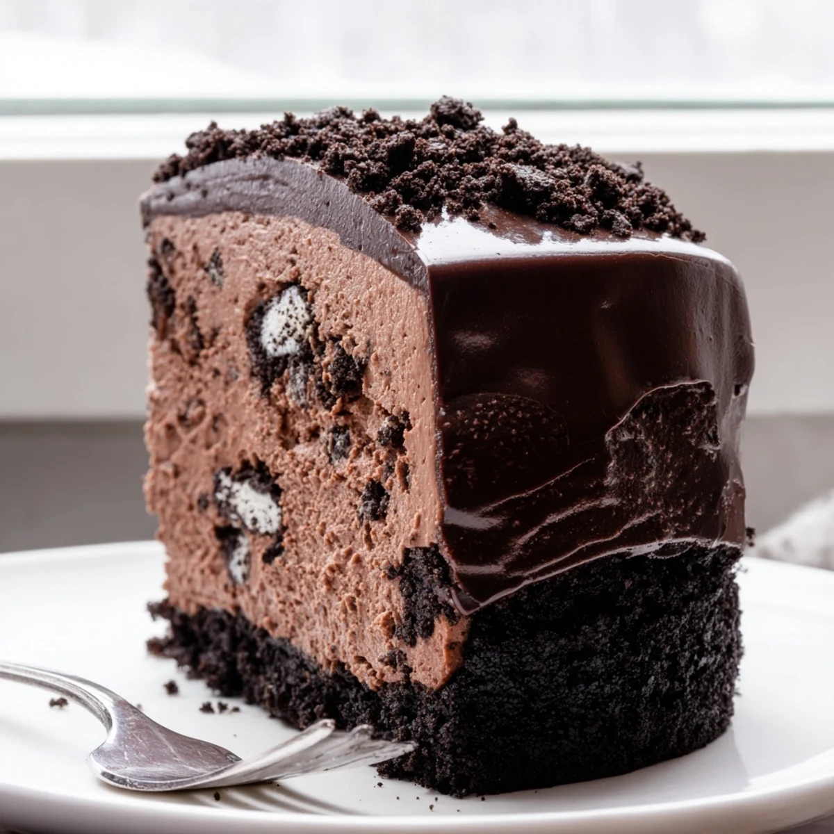 Creamy Oreo chocolate cheesecake slice topped with glossy ganache and crushed cookie pieces