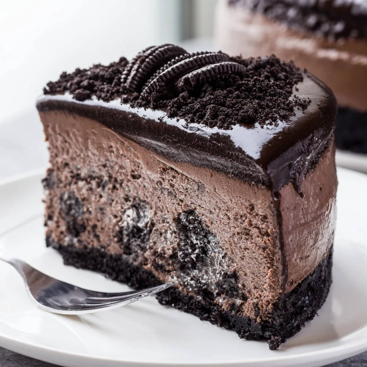 Rich Oreo chocolate cheesecake with a dark chocolate crust on a dessert plate