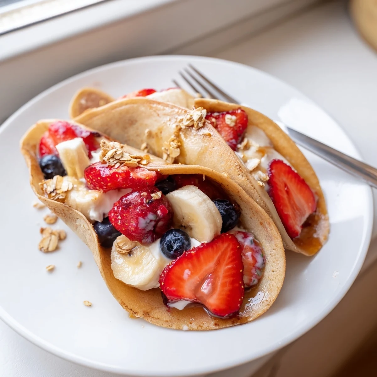 Golden pancake tacos filled with fresh strawberries and drizzled maple syrup on a plate