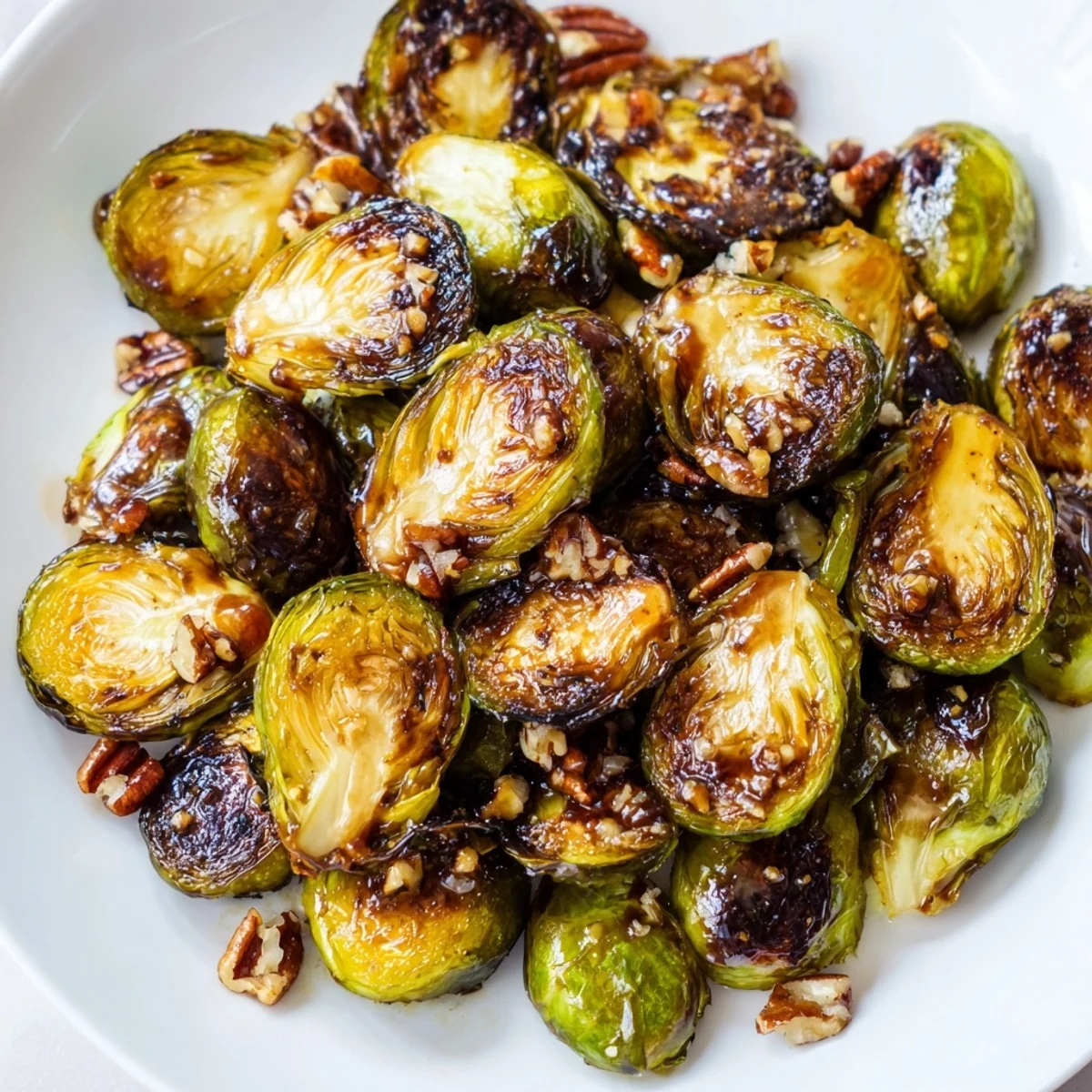 Crispy honey balsamic Brussels sprouts roasted golden with caramelized edges and glossy glaze