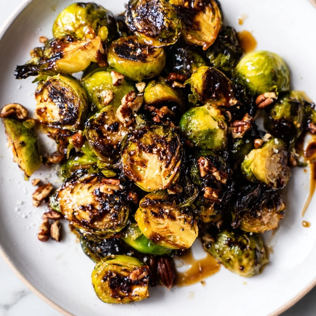 Honey balsamic Brussels sprouts sizzling on a parchment-lined sheet with sweet tangy coating