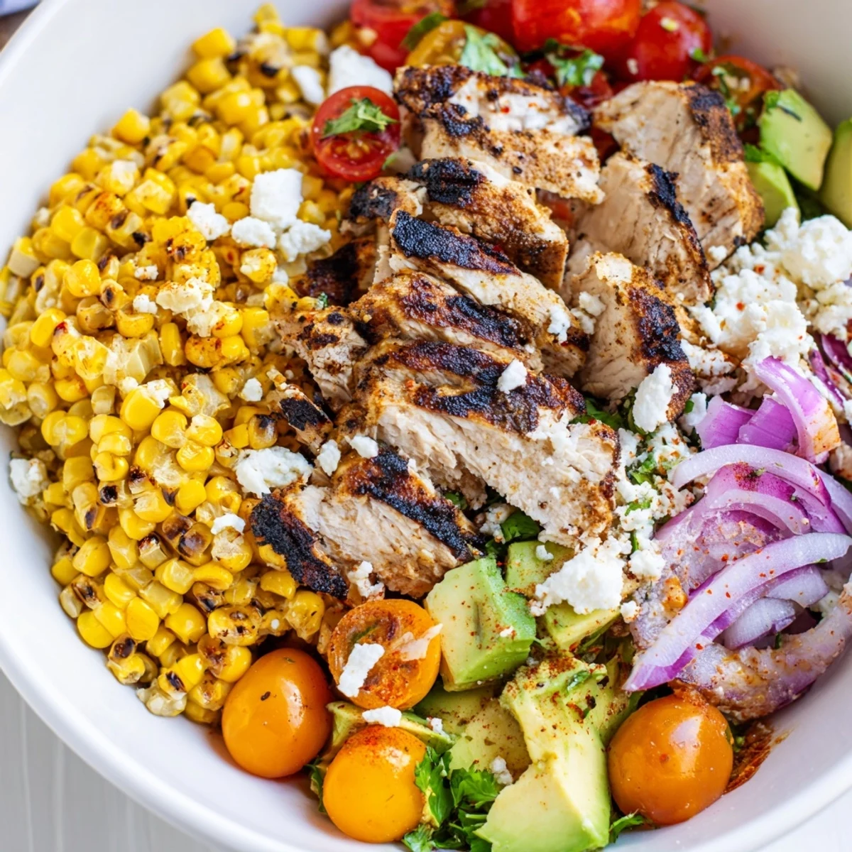 High Protein Chicken Street Corn Salad in a bowl with charred kernels and creamy dressing
