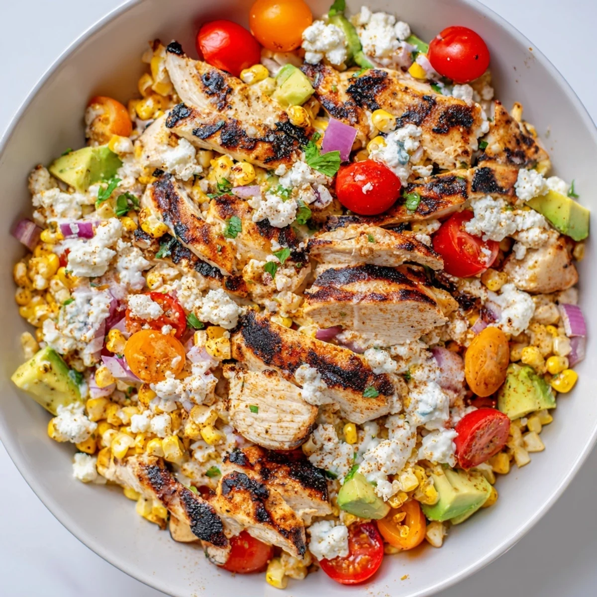 High Protein Chicken Street Corn Salad featuring vibrant tomatoes, avocado, and a tangy lime drizzle