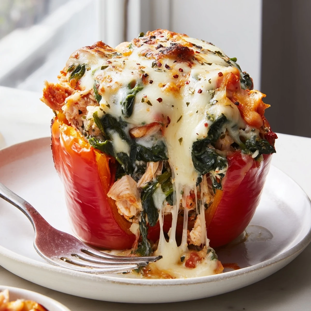Colorful bell peppers filled with creamy Chicken Florentine Stuffed Peppers filling ready to serve