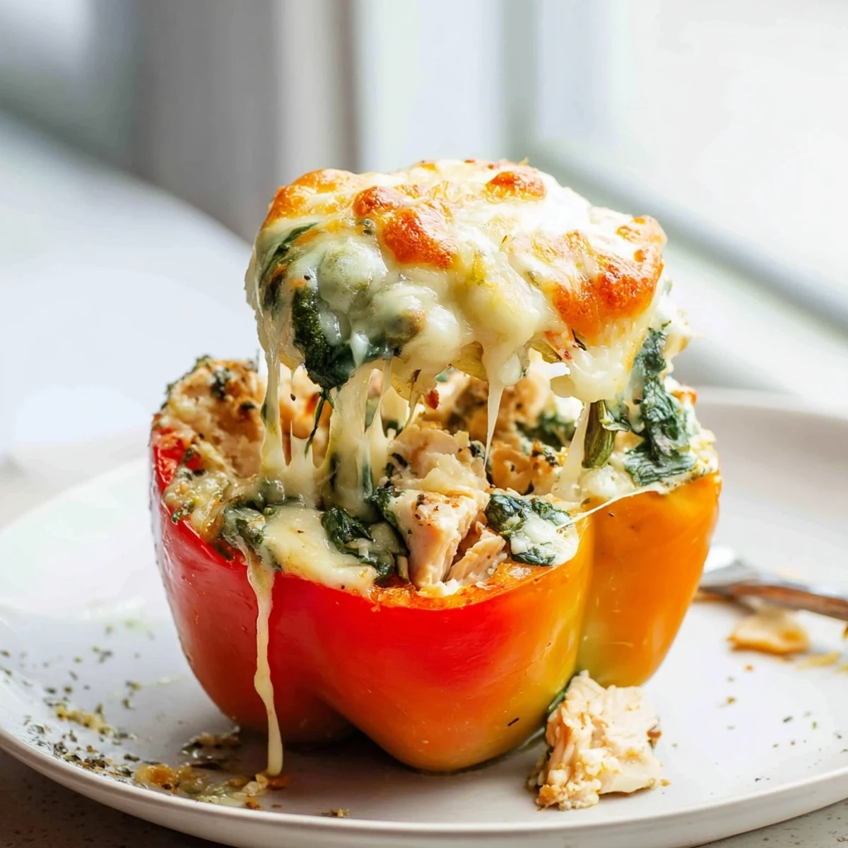 Golden baked Chicken Florentine Stuffed Peppers oozing with melted mozzarella cheese