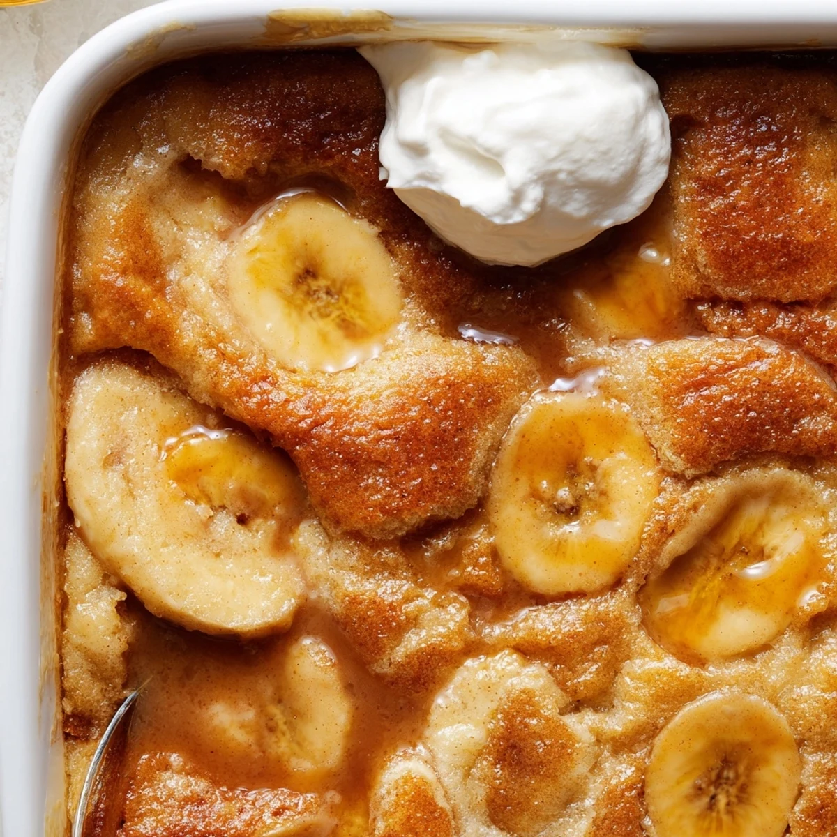 Southern Banana Cobbler served in a rustic baking dish with whipped cream