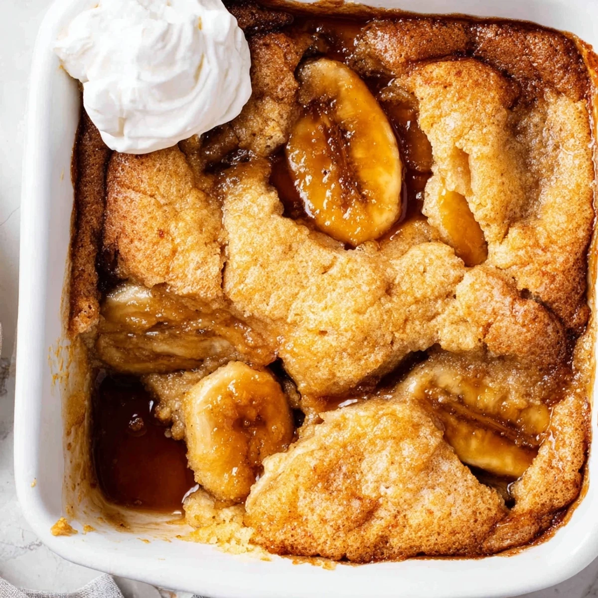 Warm Southern Banana Cobbler with caramelized bananas under a golden buttery crust