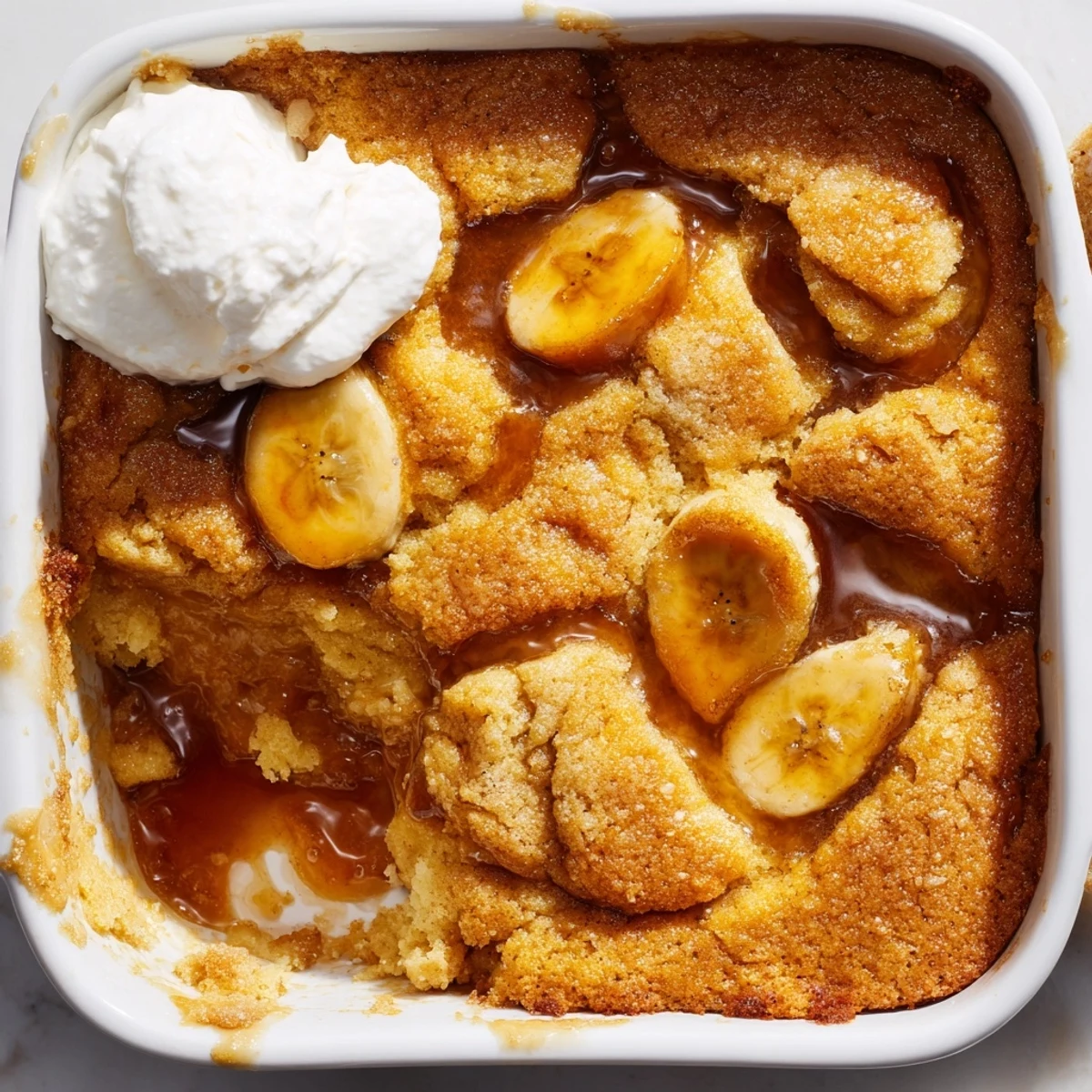 Golden bubbling Southern Banana Cobbler fresh from the oven in a cast iron skillet