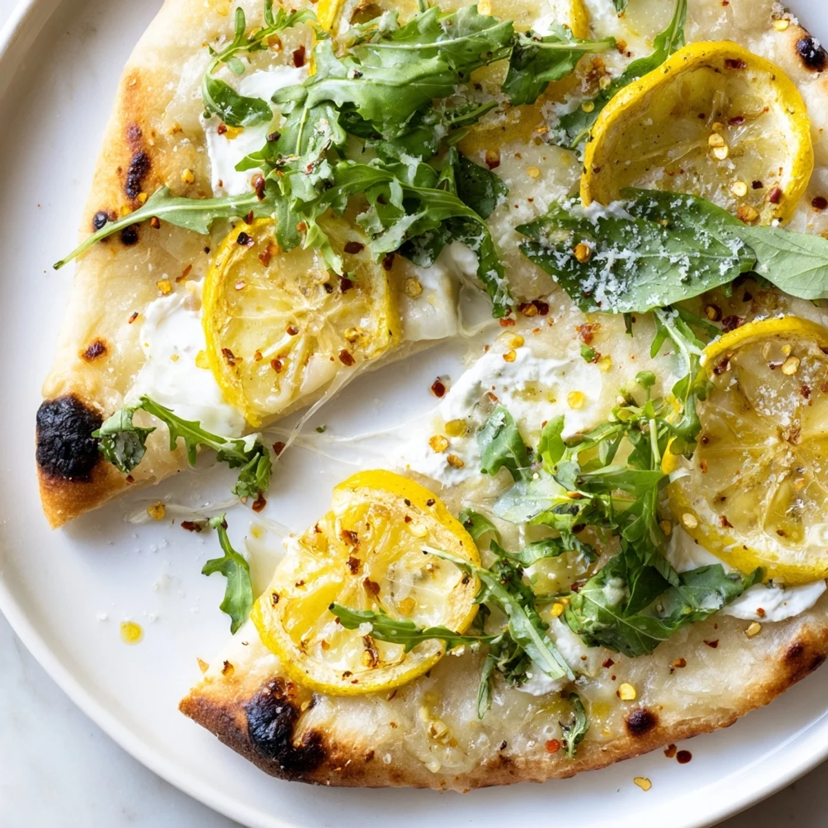Golden Zesty Summer Lemon Pizza with bubbling mozzarella, sliced lemons, and fresh arugula on a rustic wooden board