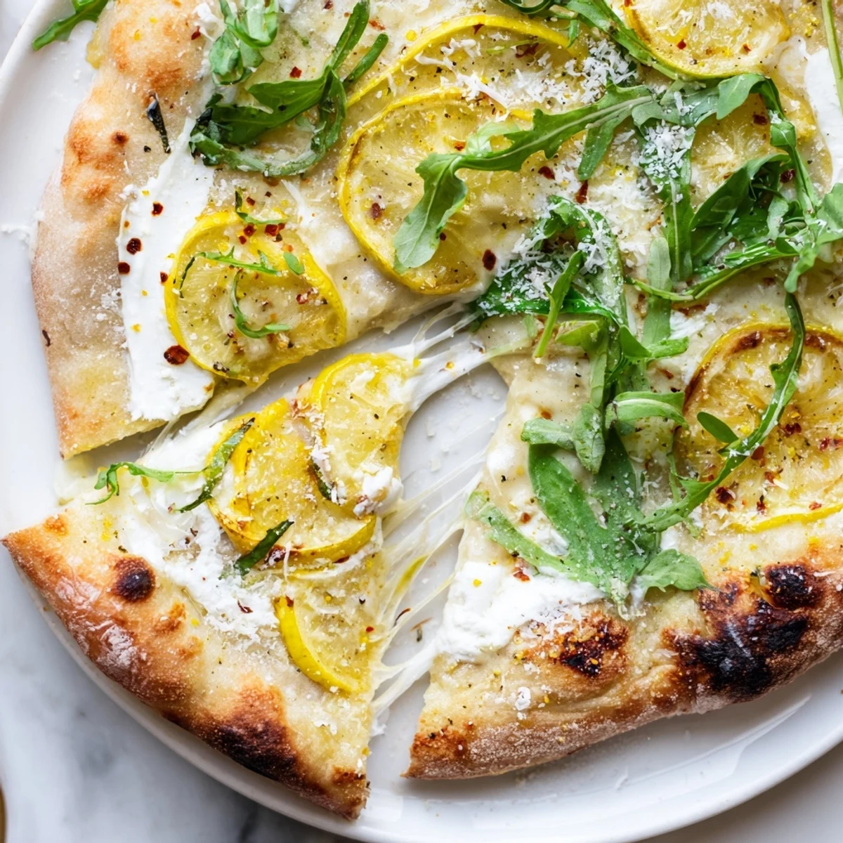 Tangy lemon slices and melted cheese top this vibrant Zesty Summer Lemon Pizza garnished with fragrant basil leaves