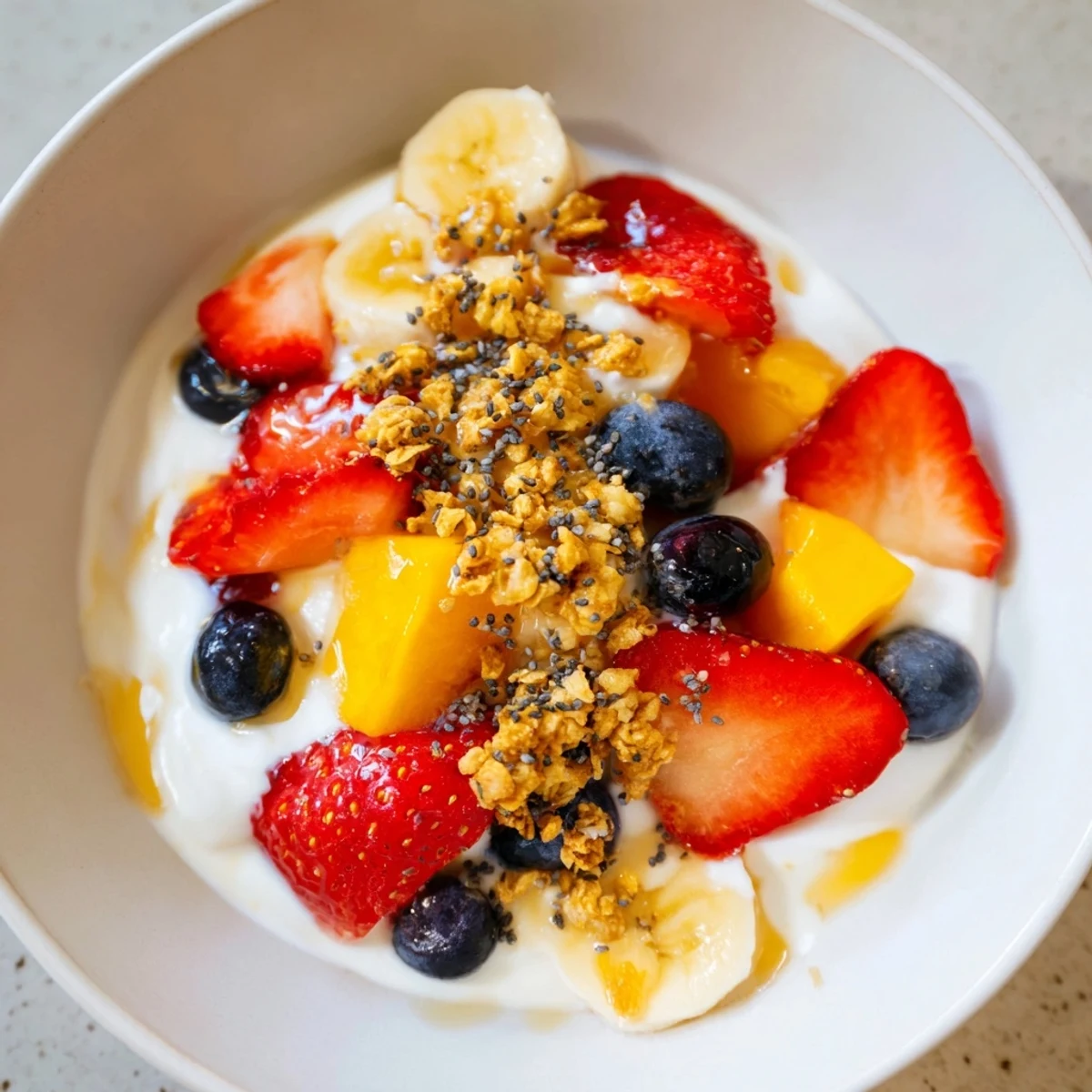 Creamy yogurt fruit bowl topped with vibrant strawberries, blueberries, and crunchy granola