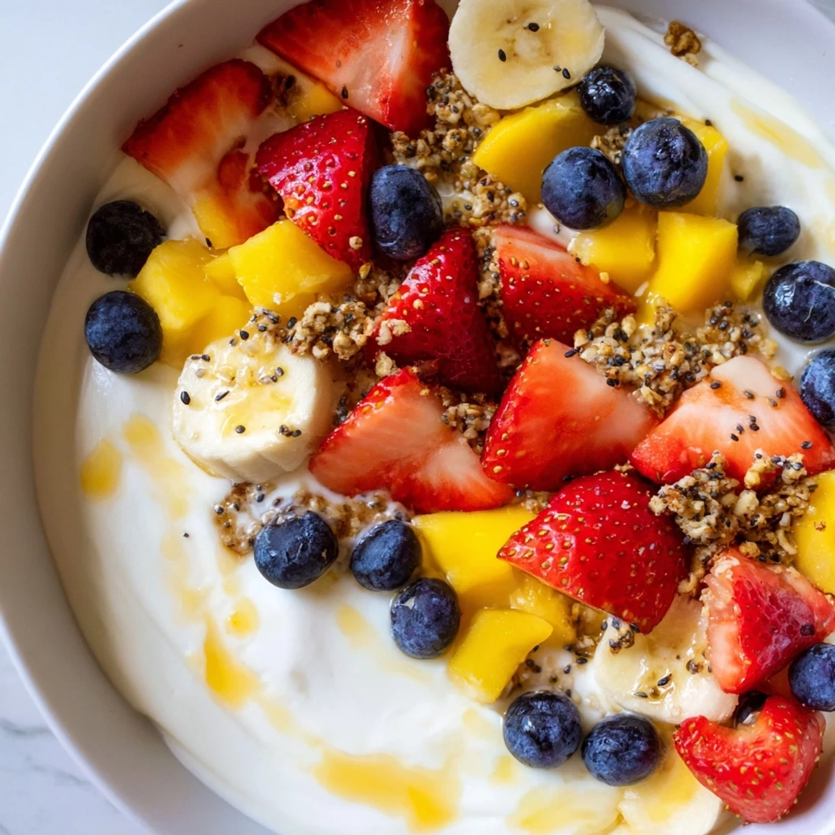 Colorful yogurt fruit bowl drizzled with honey and sprinkled with gluten-free granola