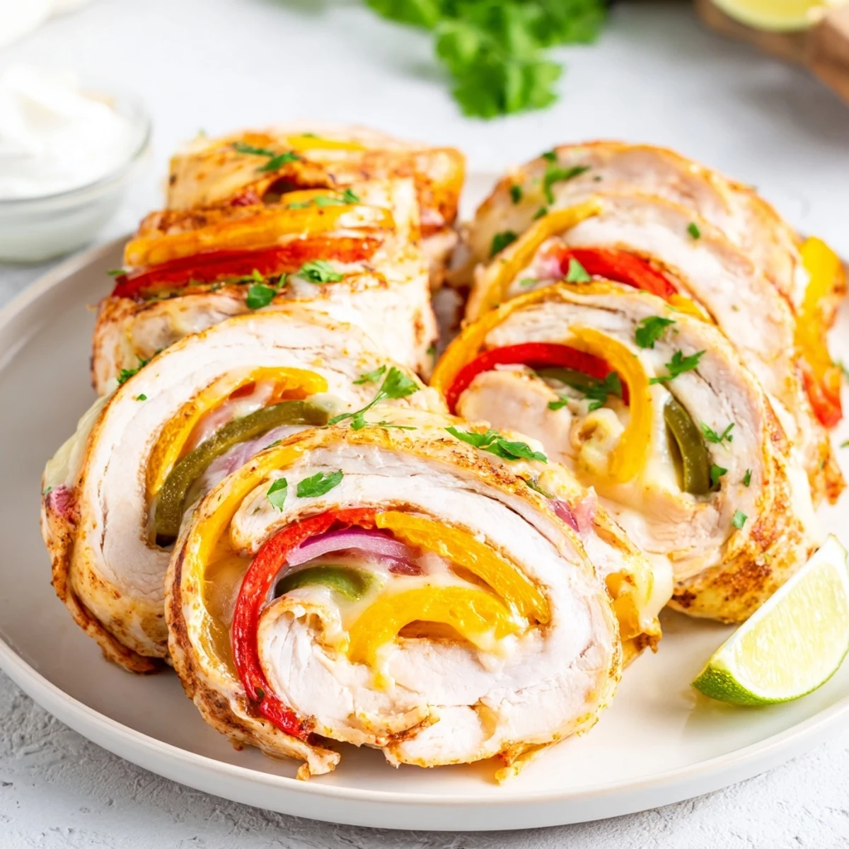 Golden baked chicken fajita roll ups sliced open revealing melted cheese and colorful peppers